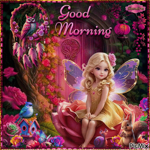 Good Morning Angel Pink Flowers And Owl Gif