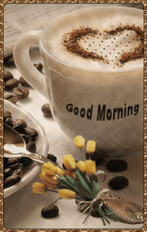 Good Morning Coffee With Hearts And Yellow Flowers Gif