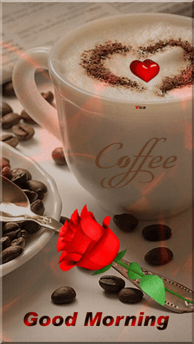 Good Morning Coffee With Red Rose And Hearts Gif